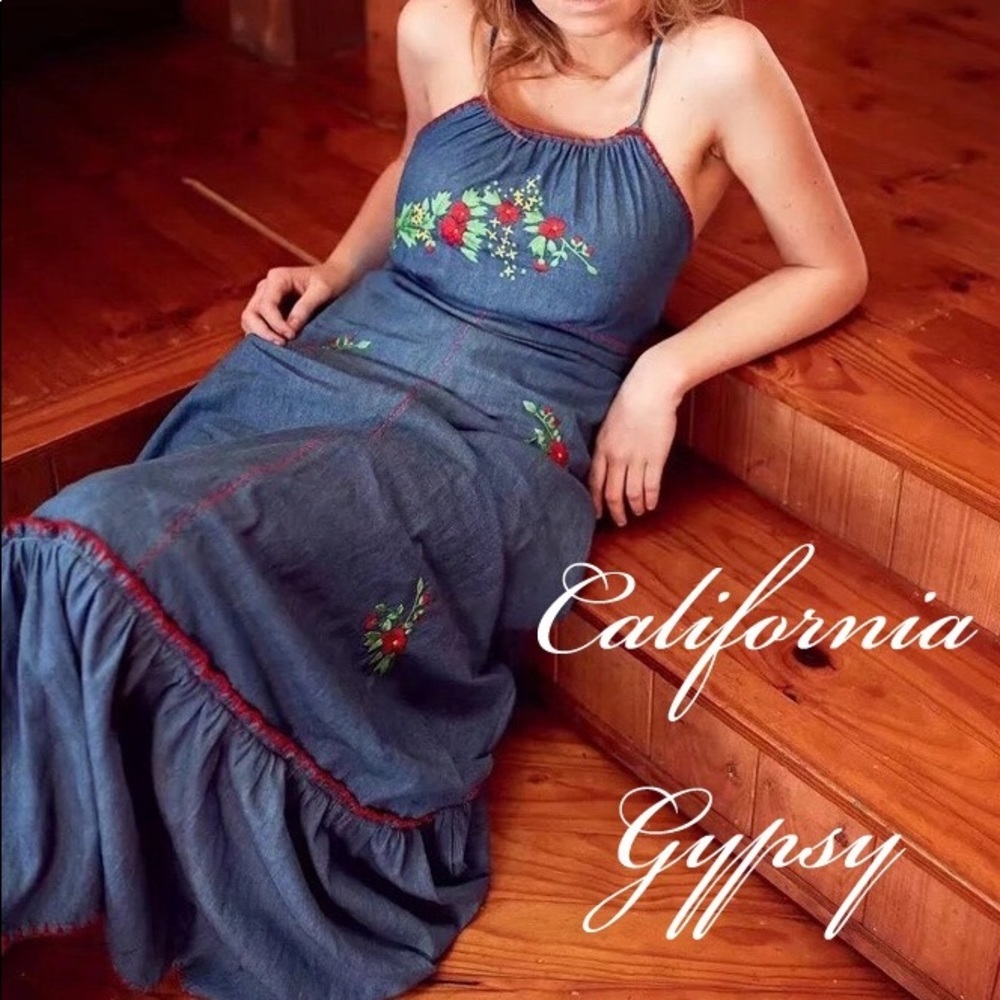 Gypsy Hippie boho vintage embroidered denim maxi🌈 - Picture 3 of 7